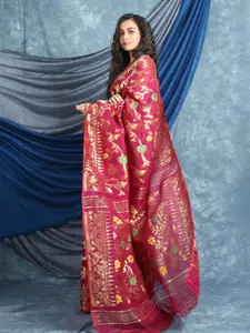 Arhi Red & Gold-Toned Woven Design Zari Silk Cotton Jamdani Saree