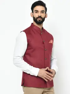 KISAH Men Maroon Solid Woven Nehru Jacket