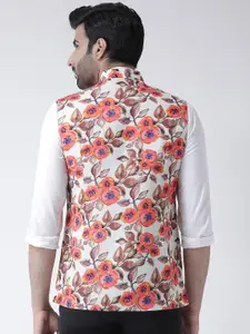 KISAH Men White Floral Printed Nehru Jacket