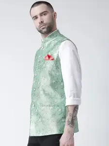 KISAH Men Green & White Printed Woven Nehru Jacket