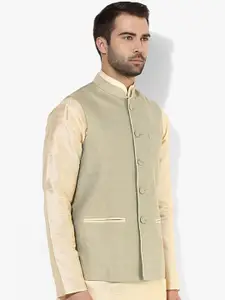 KISAH Men Green Solid Cotton Woven Nehru Jacket