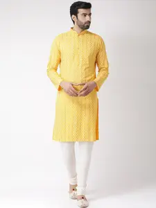 KISAH Men Yellow & White Geometric Printed Kurta with Churidar & Nehru Jacket