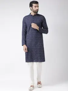 KISAH Men Navy Blue Printed Kurta with Churidar & With Nehru Jacket