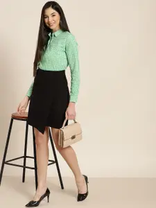 Hancock Women Green & White Pure Cotton Standard Slim Fit Micro Checked Formal Shirt