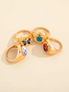 Shining Diva Fashion Set Of 4 Red & Blue Gold-Plated Enamelled Boho Finger Rings