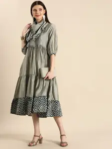 Anouk Grey & Blue Solid Tiered A-Line Midi Dress with Scarf