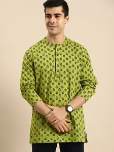 Anouk Men Green & Navy Blue Ethnic Motifs Printed Pure Cotton Straight Kurta