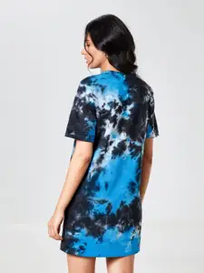 The Souled Store Women Electric Black & Blue Tie & Dye Oversized T-shirt Dress