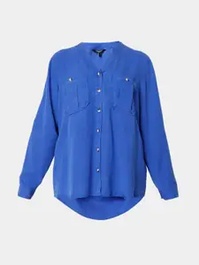 Vero Moda Blue Mandarin Collar Roll-Up Sleeves Shirt Style Top