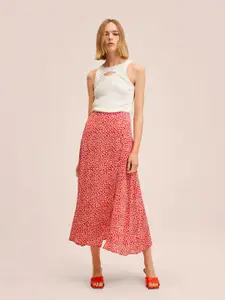 MANGO Women Orange & White Floral Printed Midi Flared Skirt