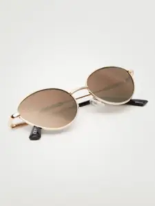 MANGO Women Brown Lens & Gold-Toned Oval Sunglasses with UV Protected Lens