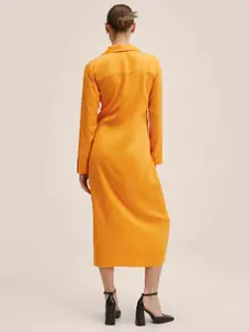MANGO Mustard Yellow Solid Shirt Collar Tie Up Detail Midi Wrap Dress
