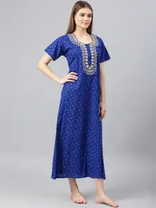 Secret Wish Women Blue Printed Round Neck Cotton Nightdress