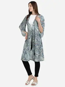 Fbella Women Blue & Green Printed Longline Tie-Up Shrug