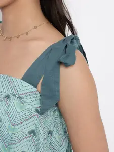 Fabindia Teal Green Print Shoulder Straps Top