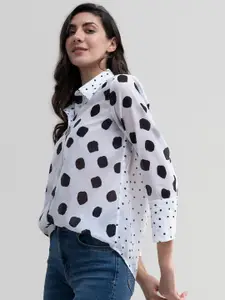 Pink Fort Black & White Polka Printed Shirt Style Top