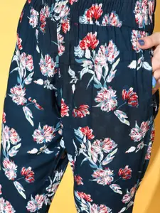 MBeautiful Women Navy Blue Floral Sleep Staple Night Suit