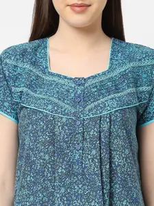 Sweet Dreams Women Blue Printed Pure Cotton Maxi Nightdress
