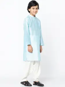 KISAH Boys Turquoise Blue & White Solid Cotton Blend Kurta Set
