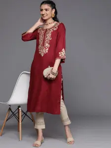 Libas Women Maroon Floral Yoke Design Flared Sleeves Thread Work Kurta