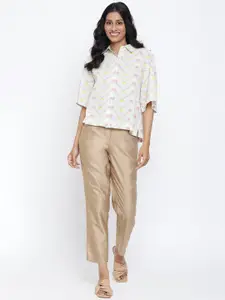 Fabindia Women White & Pink Printed Cotton Casual Shirt