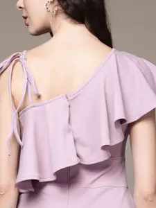 bebe Women Lavender Frost Solid Soft Romance One Shoulder Fit & Flare Midi Dress