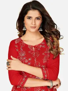 Vbuyz Women Red Ethnic Motifs Printed Thread Work Kurta