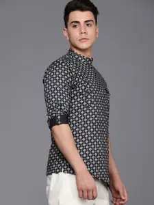 Manyavar Men Navy Blue & Beige Ethnic Motifs Printed Short Kurta