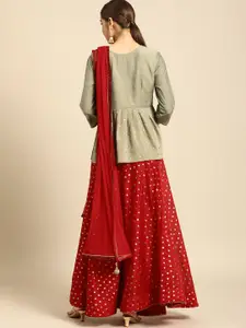 Anouk Grey & Red Embroidered Ready to Wear Lehenga & Blouse With Dupatta