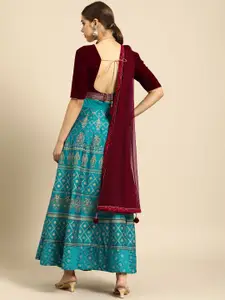 Anouk Maroon & Green Embellished Ready to Wear Lehenga & Blouse With Dupatta