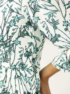 Deewa Cream-Coloured & Green Floral Print Midi A-Line Dress