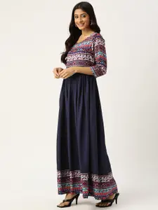 Deewa Navy Blue & Red Ethnic Motifs Print Maxi Dress