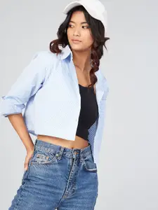 CHIMPAAANZEE Women Blue Boxy Micro Checked Casual Shirt