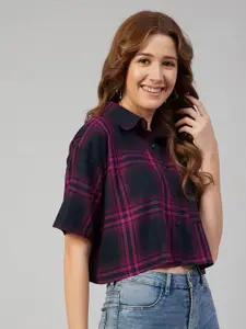 CHIMPAAANZEE Women Navy Blue & Pink Boxy Checked Casual Shirt