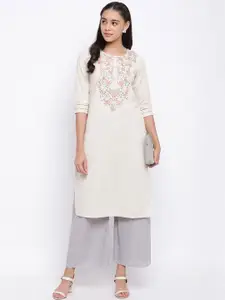 Vbuyz Women Off White Geometric Yoke Design Mirror Work Kurta