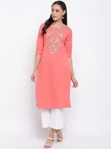 Vbuyz Women Peach-Coloured & Gold-Toned Ethnic Motifs Yoke Design Thread Work Kurta