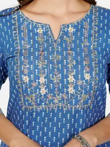 Vbuyz Women Blue Ethnic Motifs Printed Thread Worked Kurta