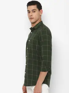 Allen Solly Men Olive Green Slim Fit Windowpane Checks Checked Pure Cotton Casual Shirt