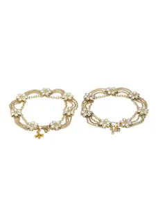 KARATCART Set Of 2 Gold-Plated White Kundan-Studded Anklets