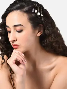 AMI Gold-Toned & White Gold-Plated Layered Chain Earring & Set of 4 Hair Pins