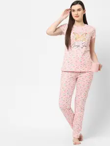 Sweet Dreams Women Pink & Blue Printed Night Suit