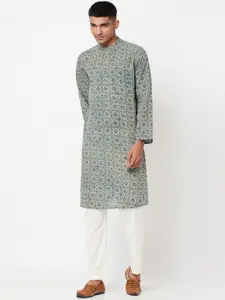 Fabindia Men Grey Geometric Printed Handloom Cotton Kurta