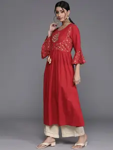 Varanga Women Red & Golden Ethnic Motifs Embroidered Bell Sleeves Kurta