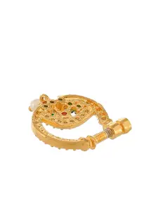 Silvermerc Designs Gold Plated Green & Pink Stone Studded Floral Meenakari Nose Ring