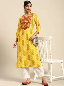 Sangria Women Yellow & Red Ethnic Motifs Printed Mirror Work Kurta