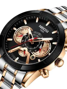 Nibosi Men Black Dial & Silver Toned Stainless Steel Bracelet Style Straps Analogue Watch NB-2379-