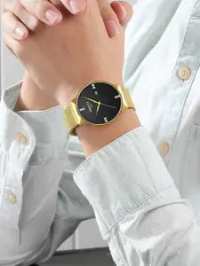 Nibosi Men Black Dial & Gold Toned Stainless Steel Bracelet Style Straps Analogue Watch NB-2323-Gld-Blk