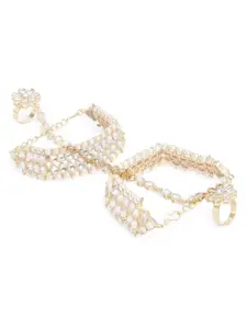 OOMPH Women Gold-Toned & White Kundan & Pearls Hathphool Bracelet with Ring
