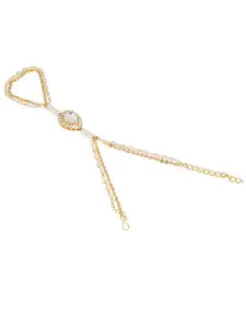 OOMPH Women Gold-Toned & White Kundan & Pearls Hathphool Bracelet with Ring