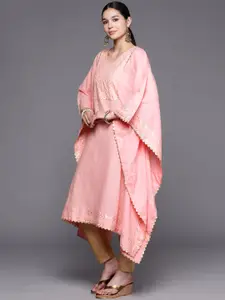 Ahalyaa Women Pink Silver-Coloured Yoke Design Gotta Patti Pure Cotton Kaftan Kurta